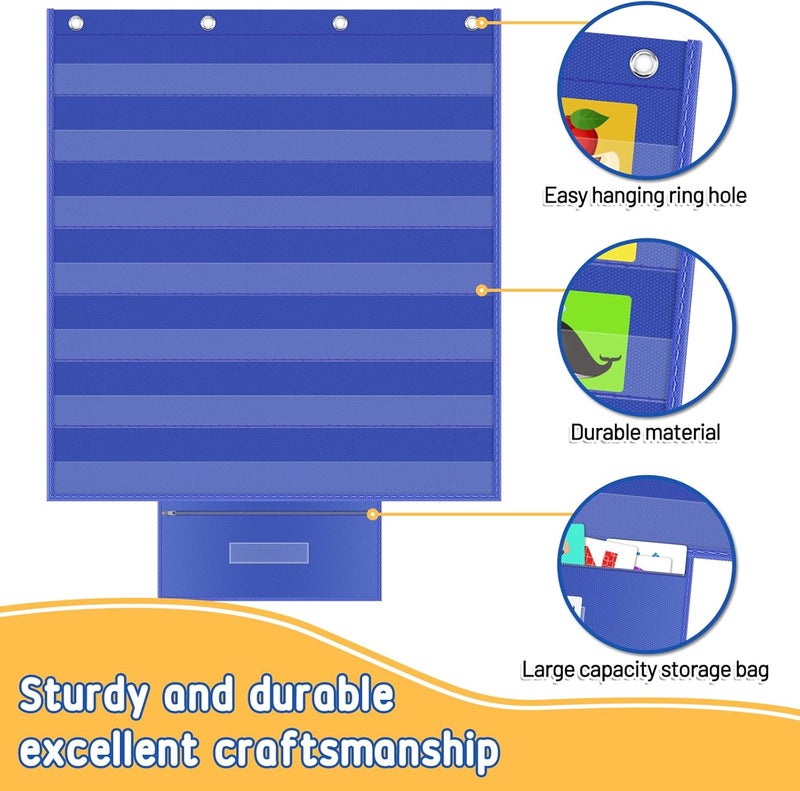 AKAYOK Standard Pocket Chart for Classroom, Clear 7 Pockets Words Chart with Extra Zip Pocket for School Home Office Fits Standard 3” Sentence Strips, Word Cards, Calendar, Visual Schedule (Blue) - Image 3